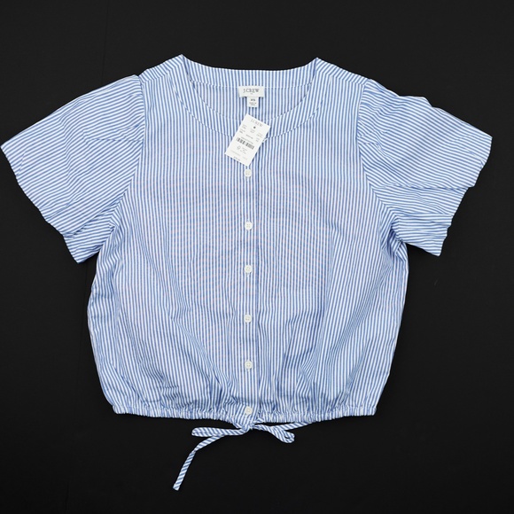 New J.CREW Size XS Striped Puff Sleeve Tie Waist Top Banker Blue $79 CK751 - Picture 5 of 7